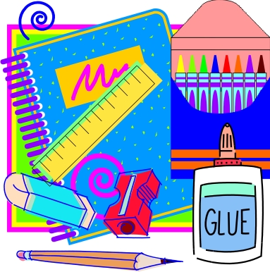 Image of glue bottle, box of crayons, ruler, notebook, sharpener, and erasures.